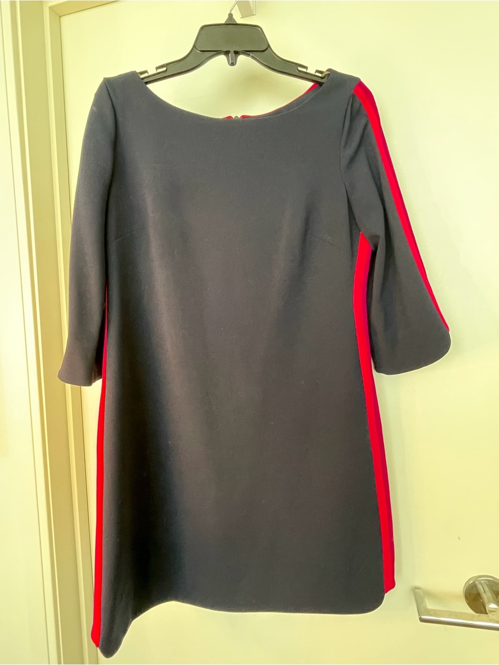 Women's Navy Dress with Pink Side Panels — Elegant Long Sleeve Shift